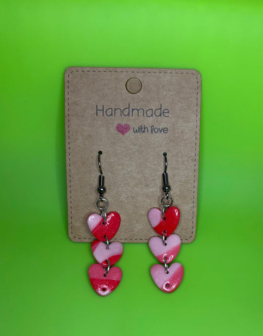 Fine Glitter Marbled Triple Heart Earrings